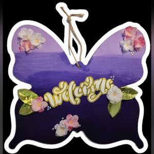 Purple Welcome Butterfly Wall Hanging with Floral Accents